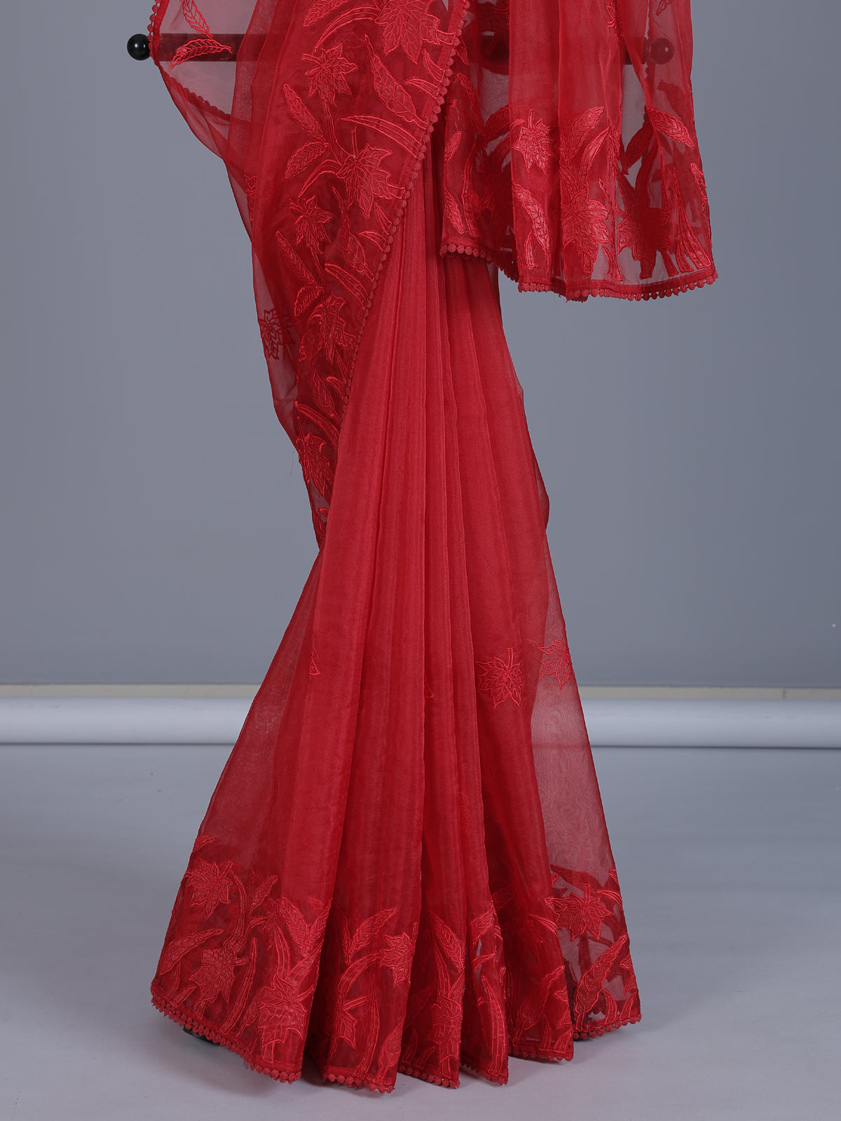 Red organza tissue saree with elegant embroidered party wear look