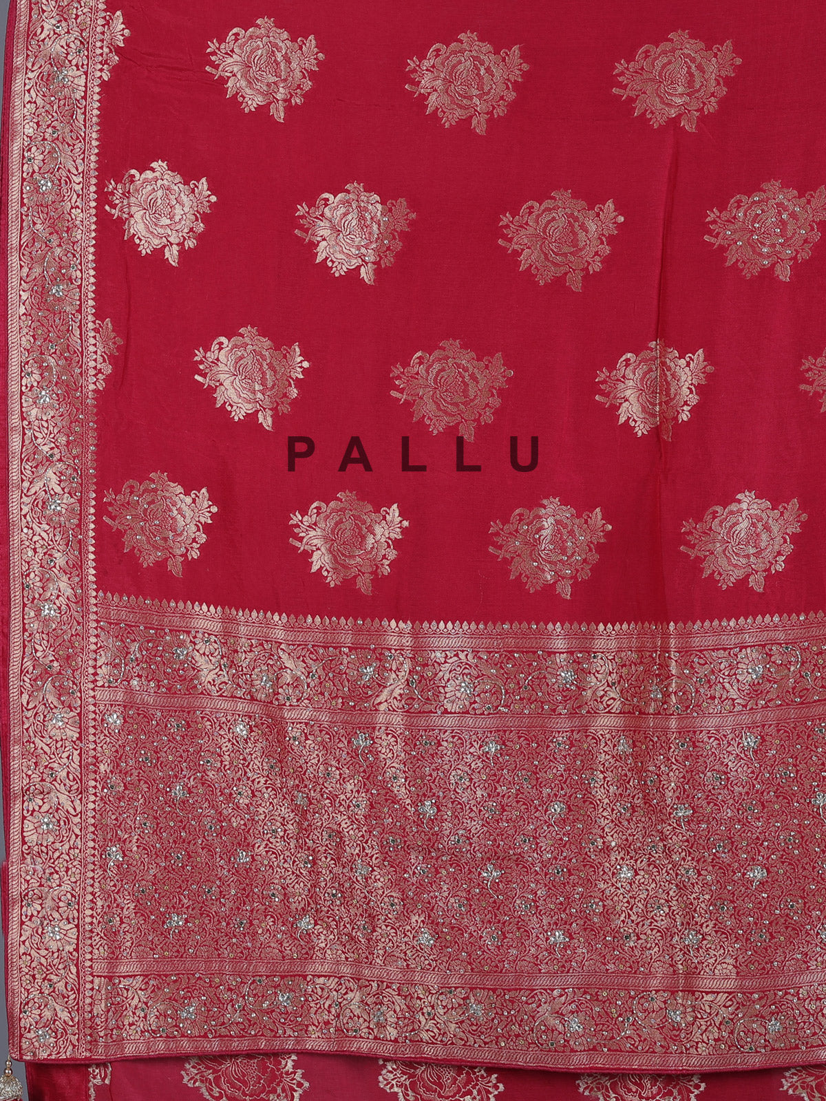Red silk saree with zari stone and cutdana work