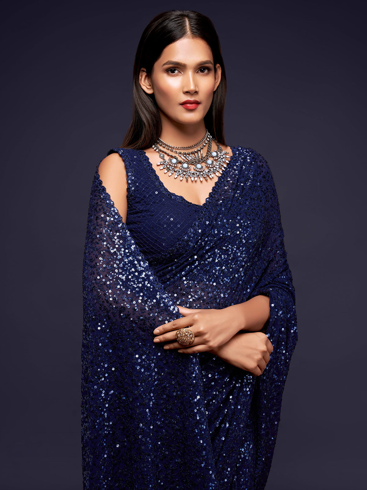 Sophisticated navy designer party saree