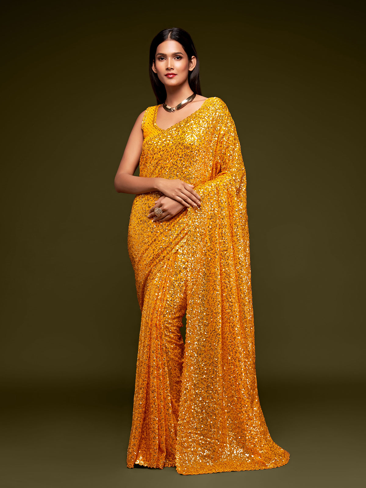 Charming honey yellow celebration wear saree