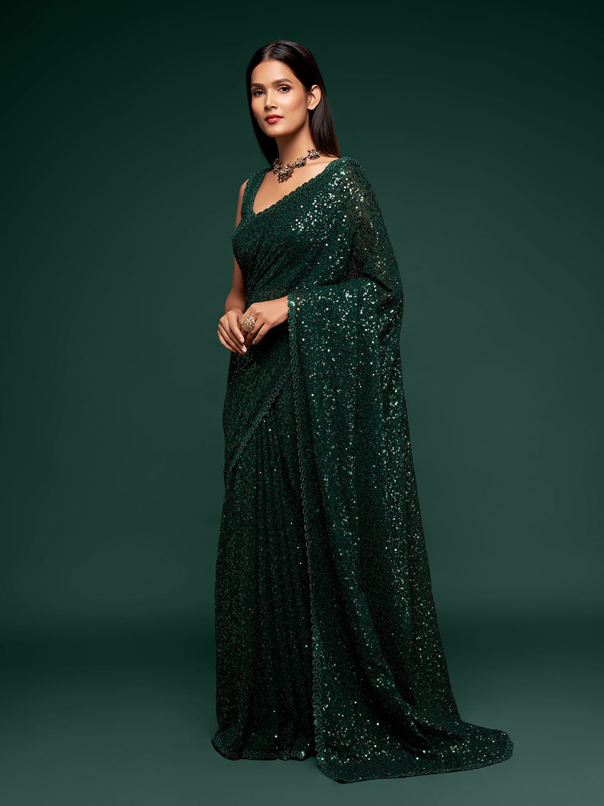 Imperial deep green festive drape saree
