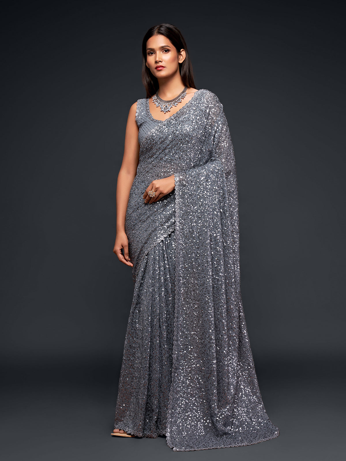Majestic slate grey embellished designer saree