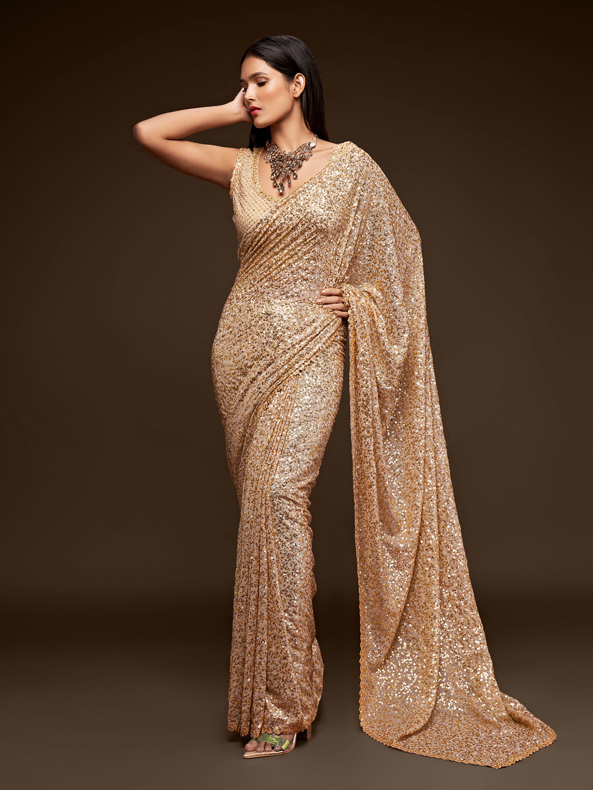 Graceful ivory embroidered reception wear saree