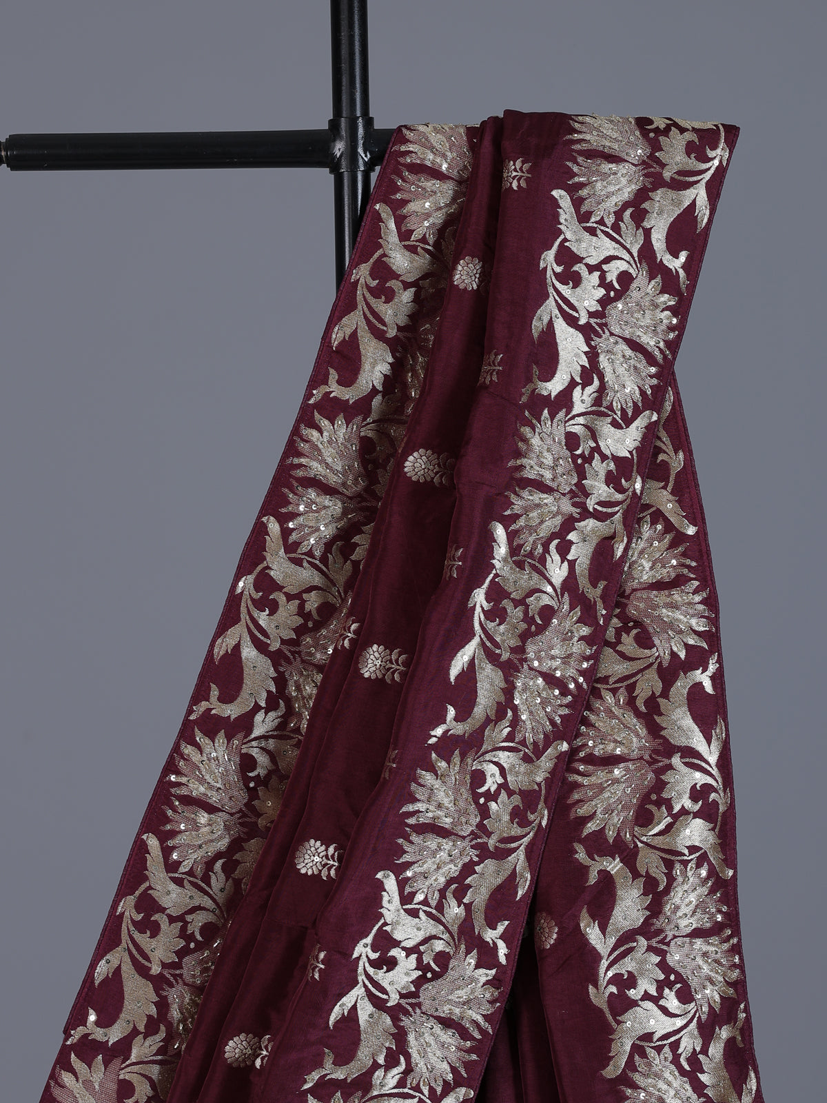 Maroon banarasi silk wedding saree with over all zari detailing