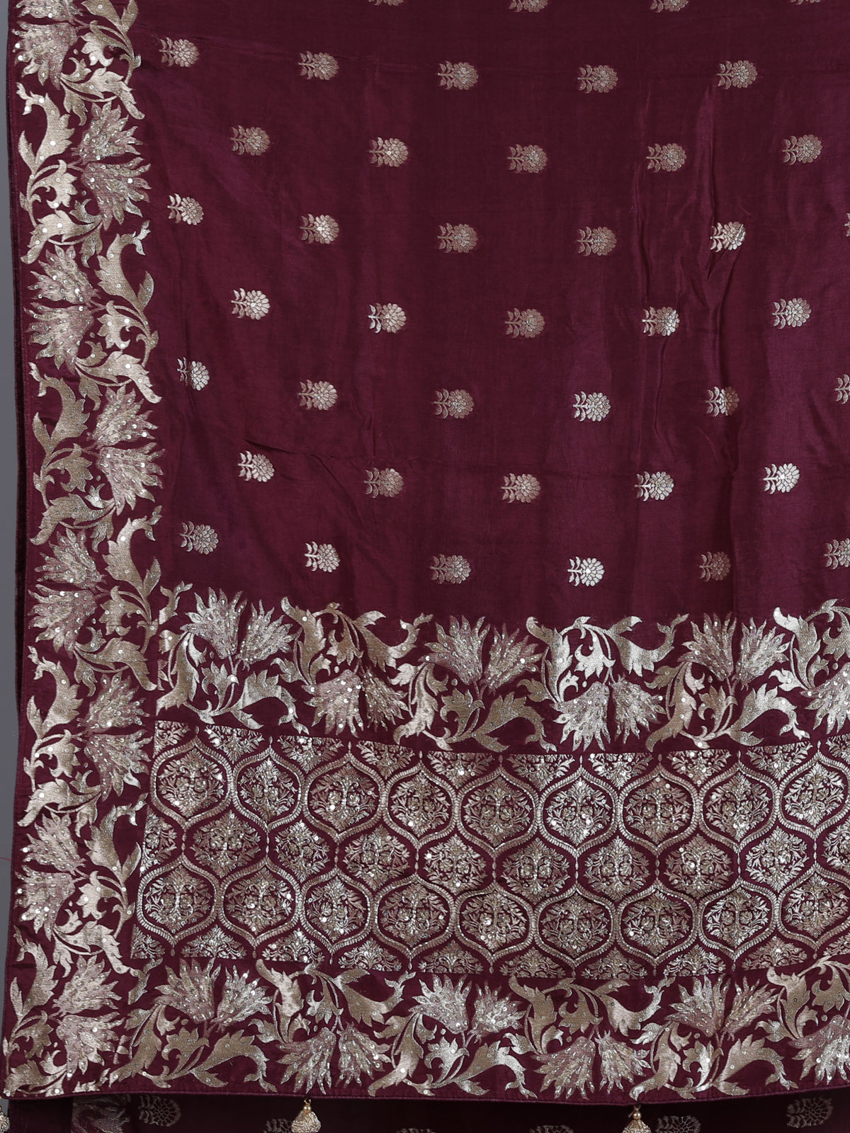Maroon banarasi silk wedding saree with over all zari detailing