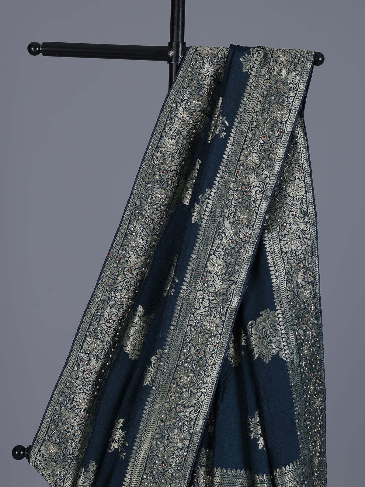 Navy banarasi silk zari worked saree for wedding celebration