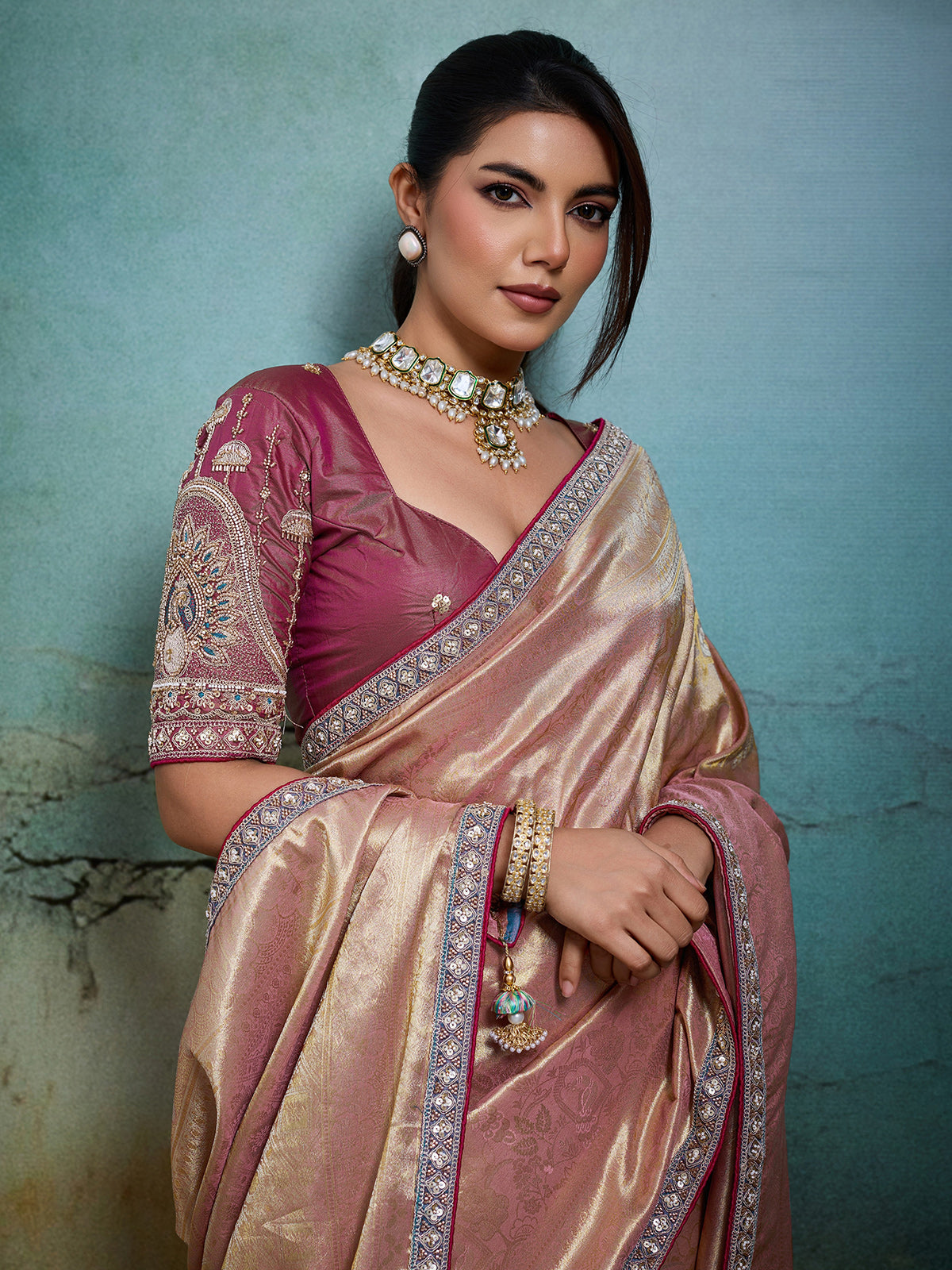 Regal light pink banarasi drape saree