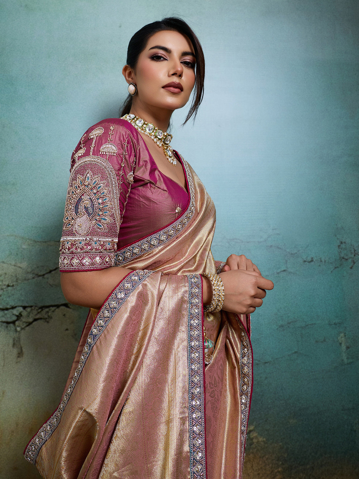 Regal light pink banarasi drape saree