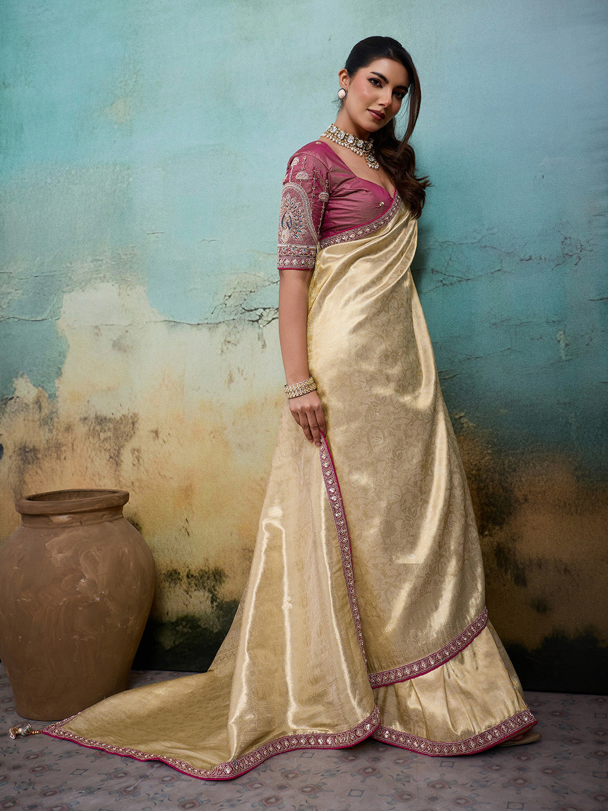 Majestic light yellow festive drape saree