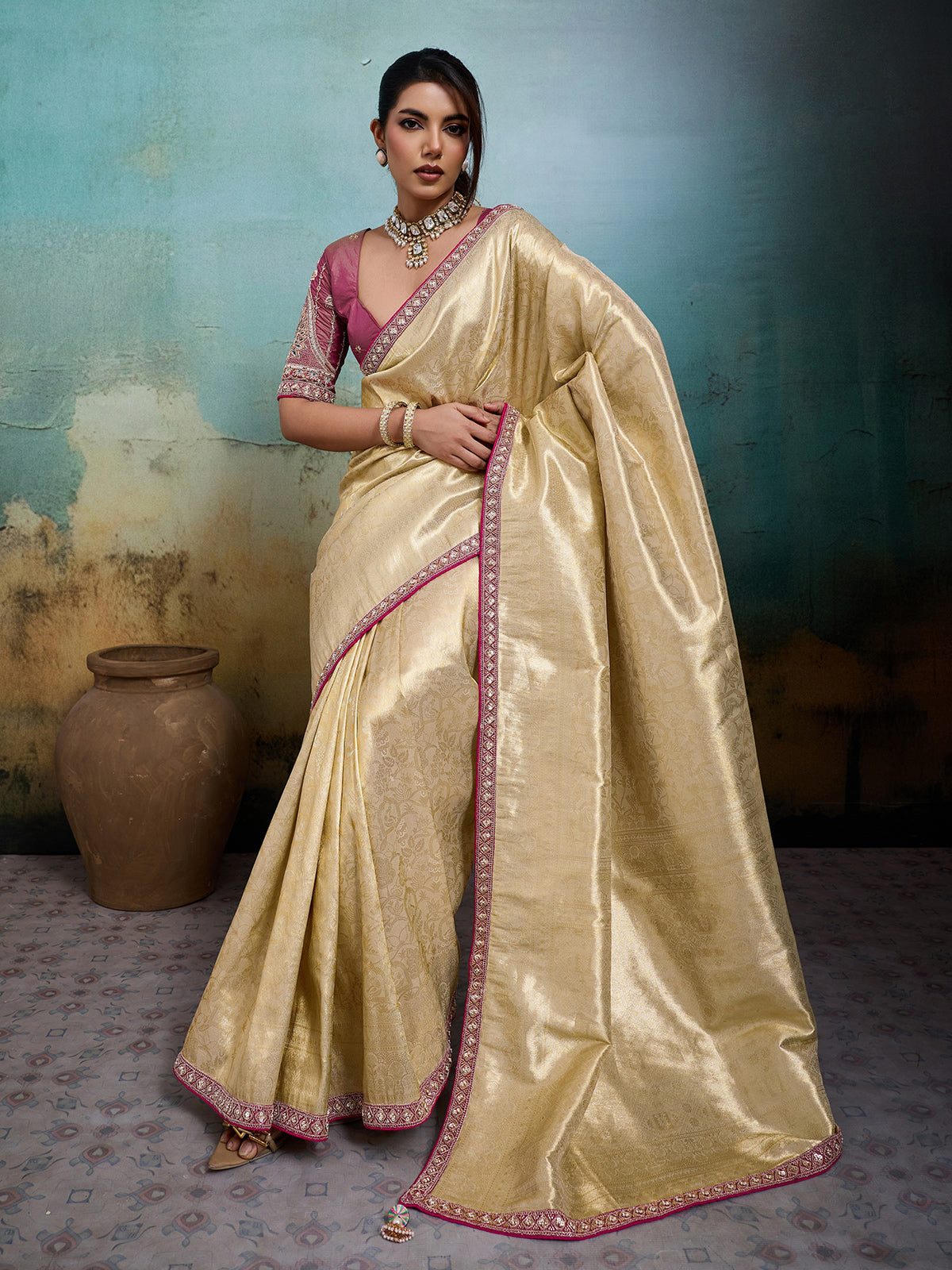 Majestic light yellow festive drape saree