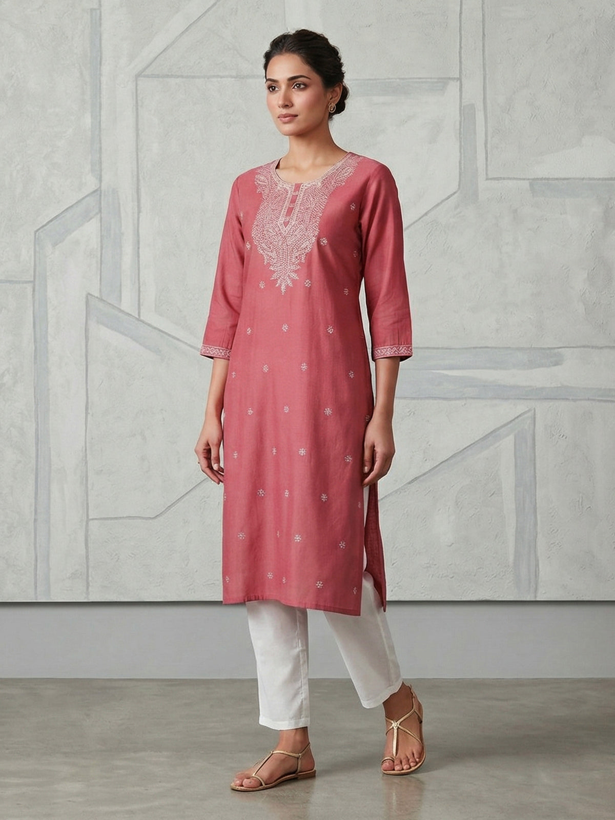 Dusty rose pink white embroidered cotton silk kurti