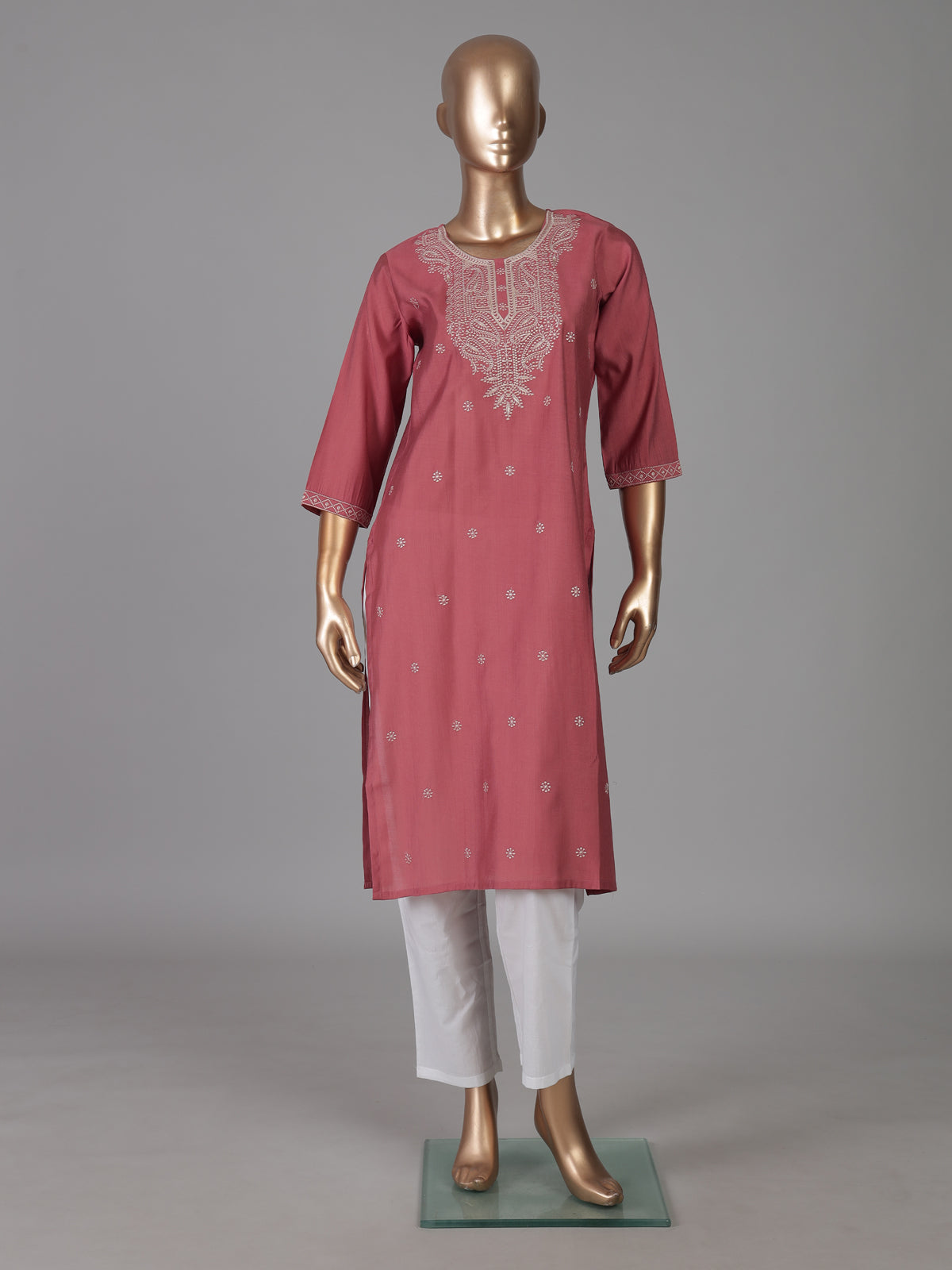 Dusty rose pink white embroidered cotton silk kurti
