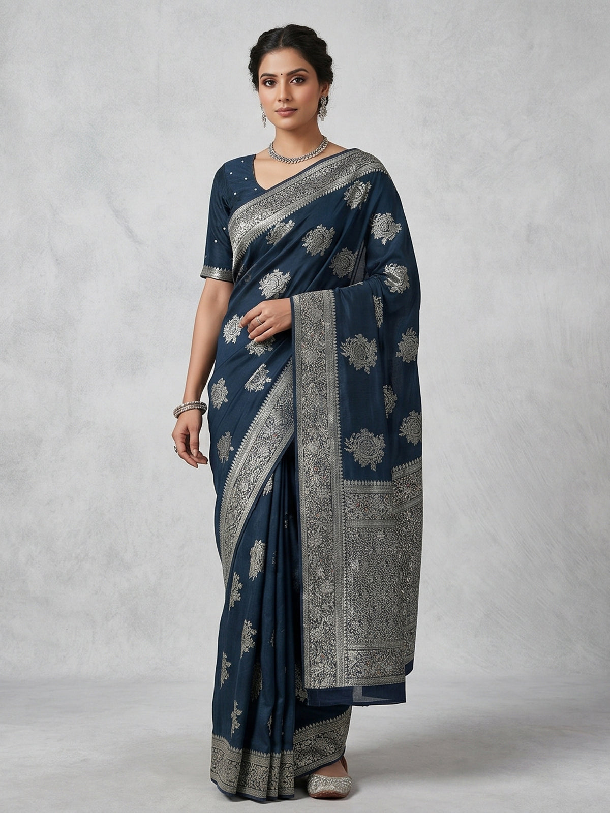 Navy banarasi silk zari worked saree for wedding celebration