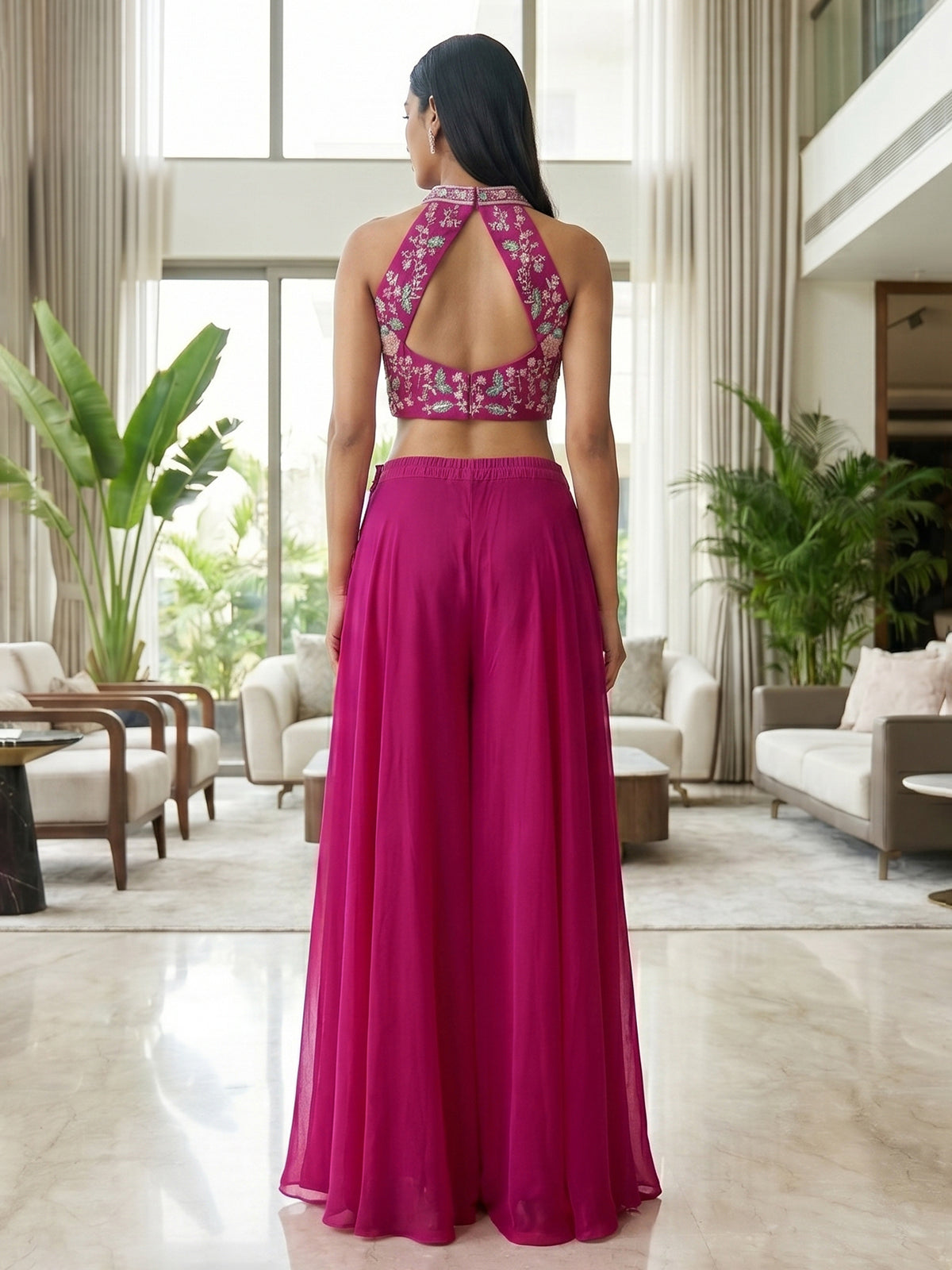 Magenta pink halter neck palazzo suit