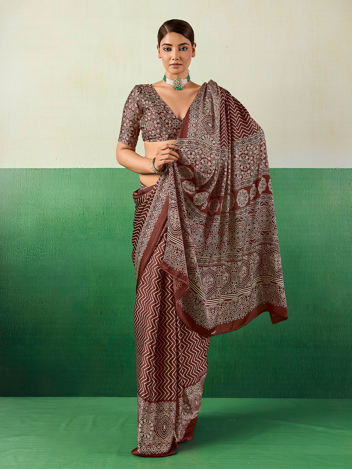 Sophisticated brown ajrakh partywear saree