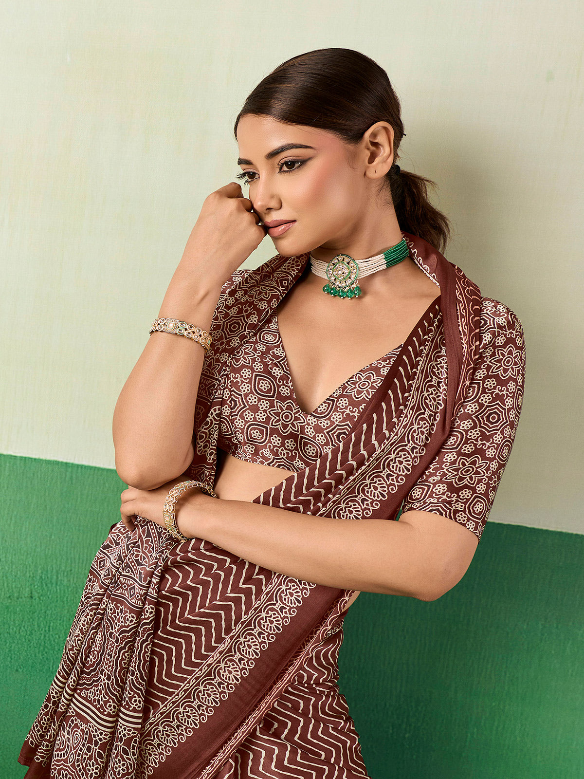 Sophisticated brown ajrakh partywear saree