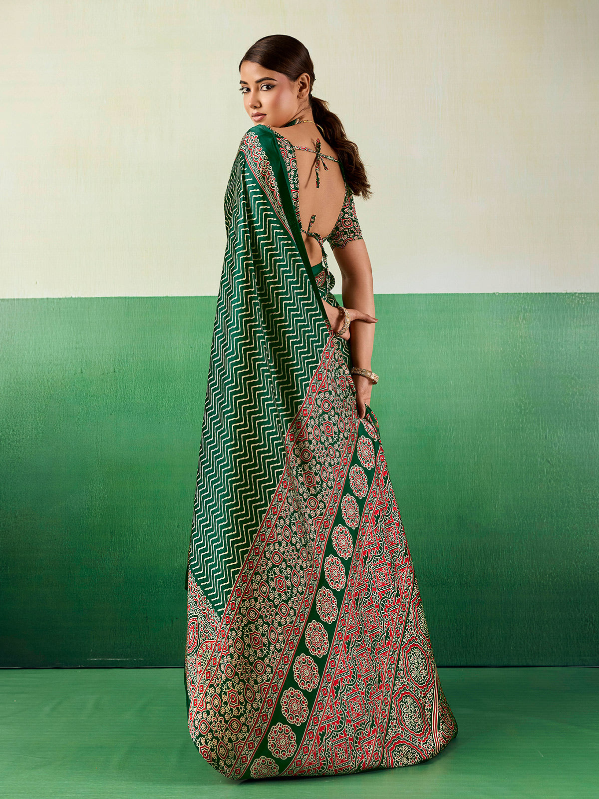Elegant green ajrakh print saree