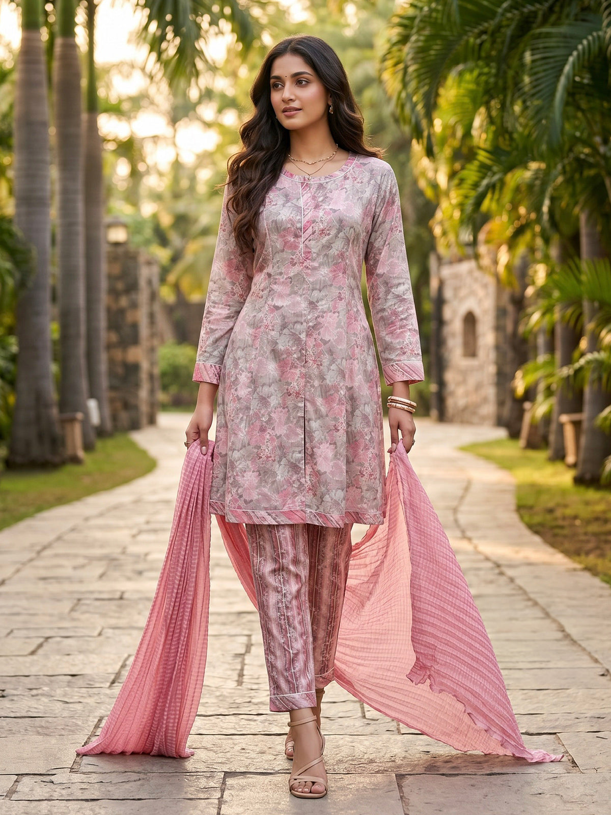 Dusty pink floral straight frock suit