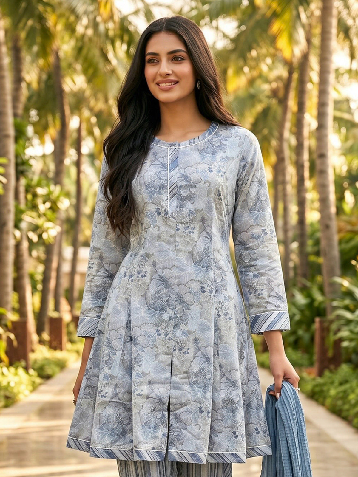 Powder blue printed straight frock suit