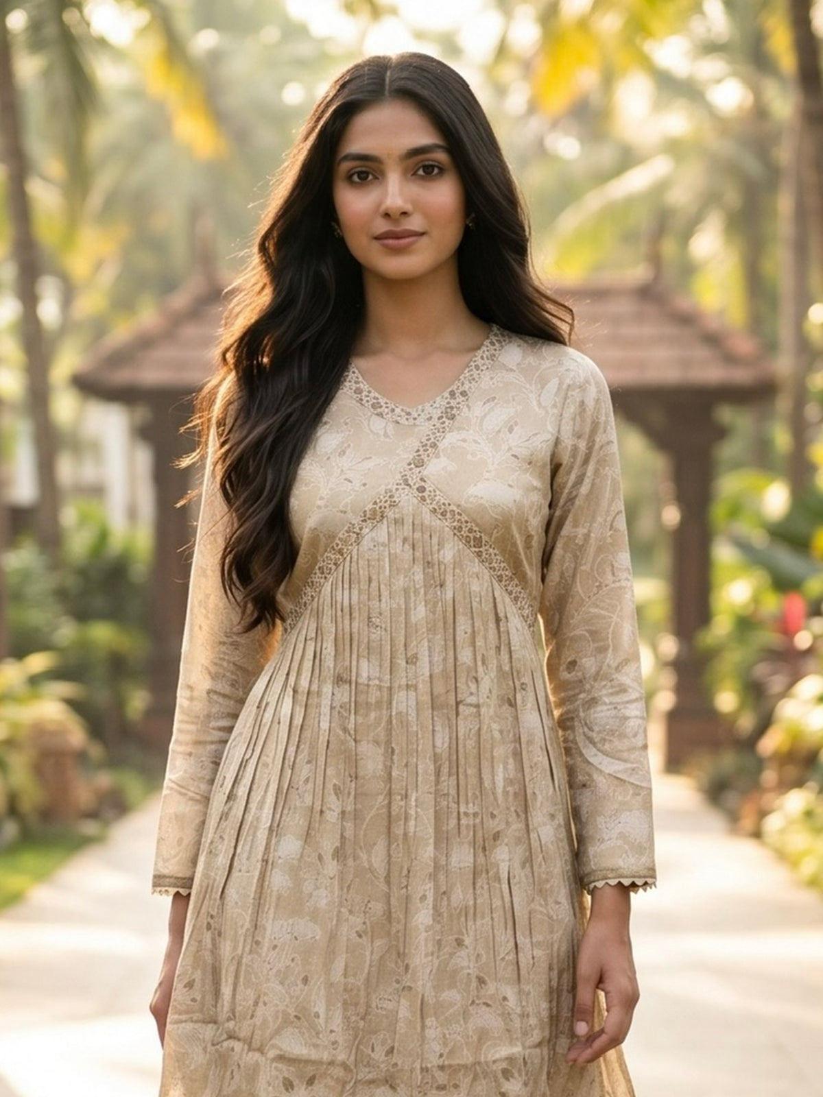 Elegant fawn beige silk blend palazzo suit