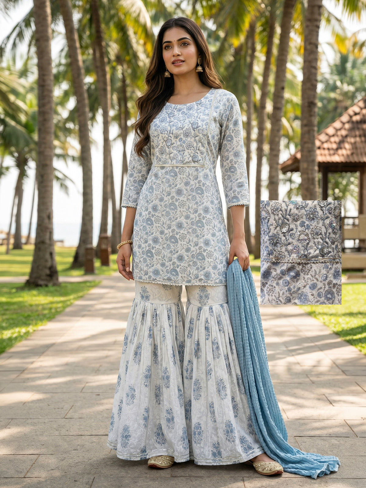 White blue cotton silk festive sharara suit