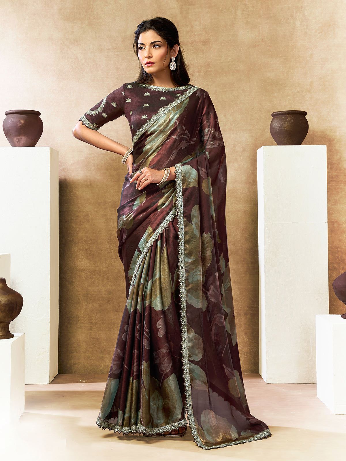Graceful maroon floral festive saree