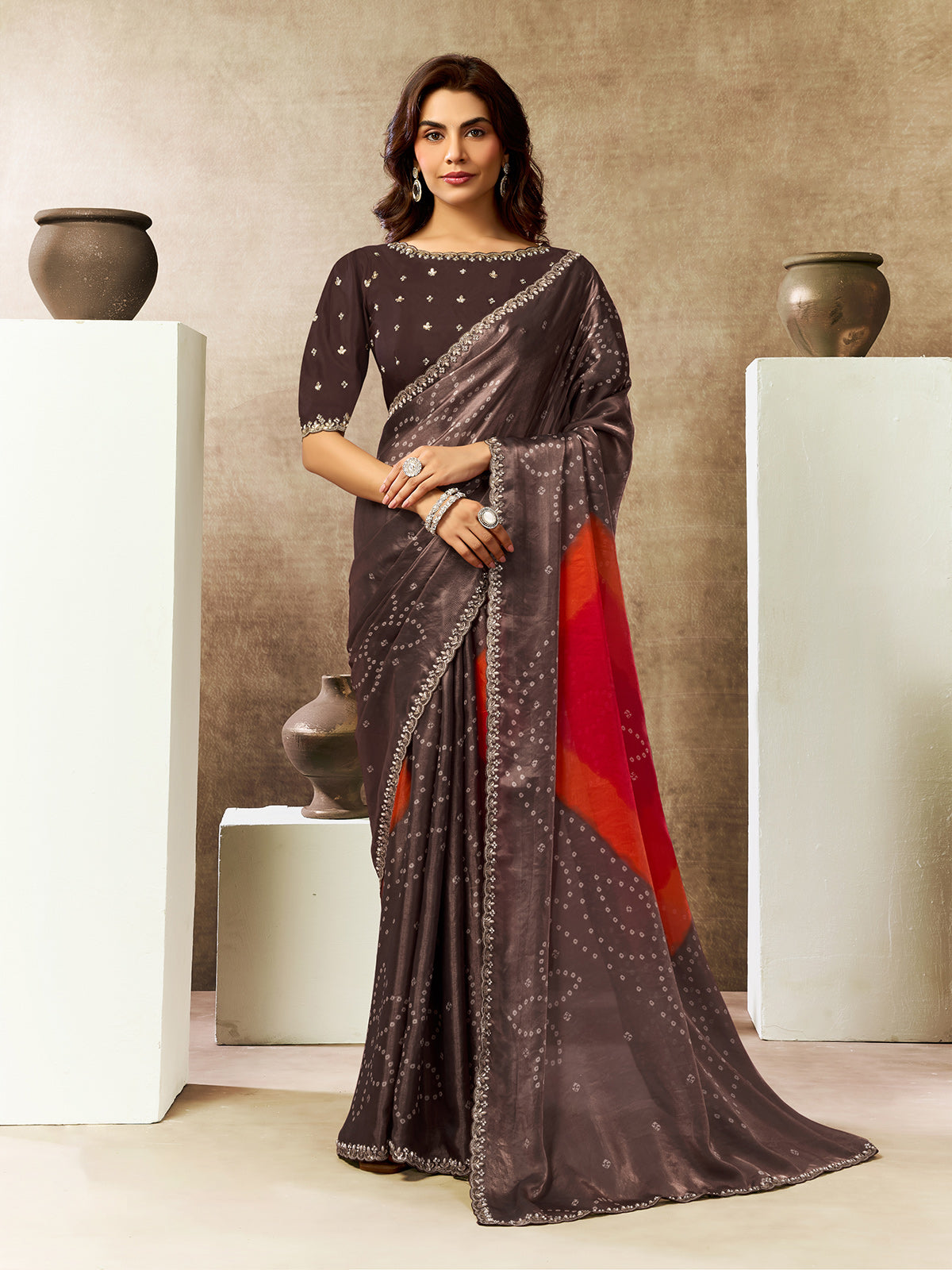 Majestic brown bandhani festive saree