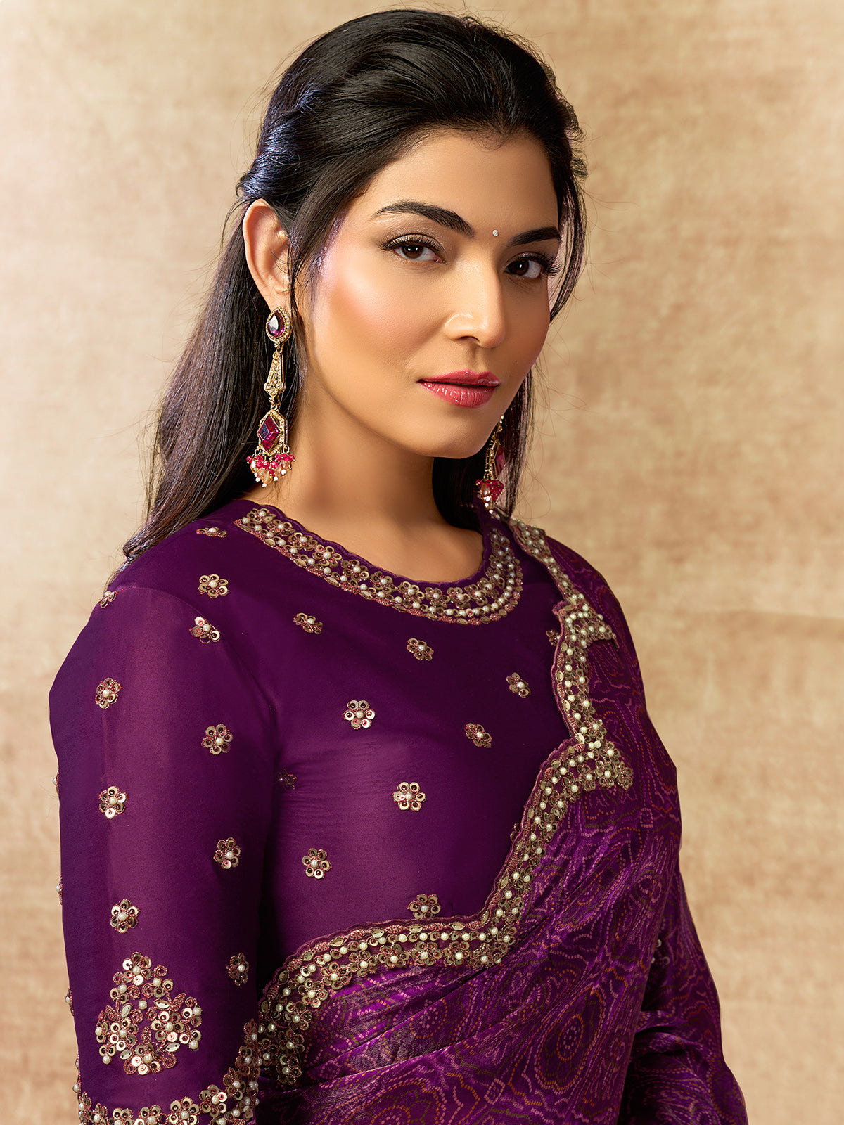 Royal purple satin silk saree with bandhani print