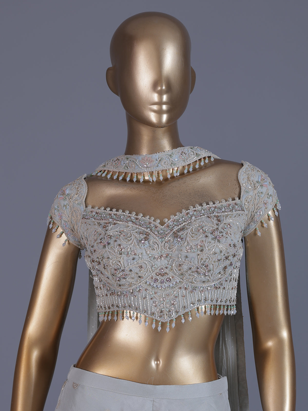 Off white tissue georgette palazzo suit with tassels