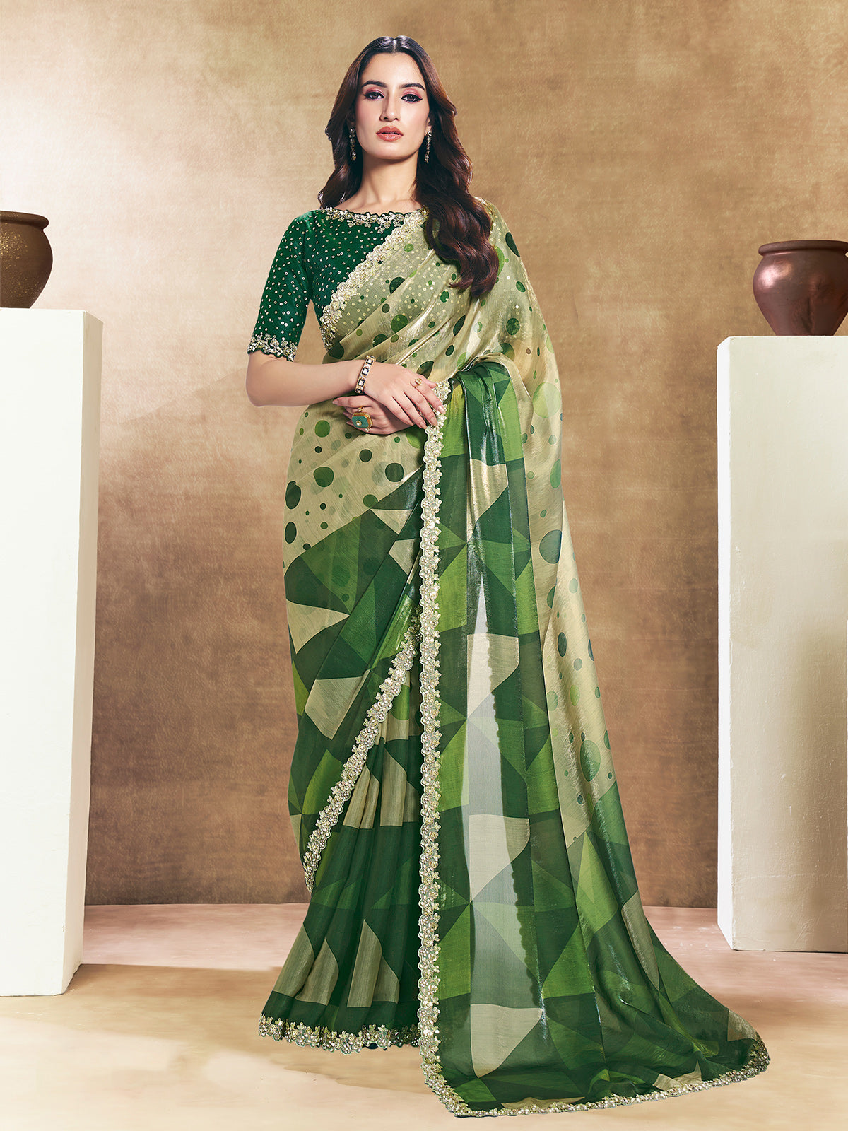 Grand green abstract festive saree