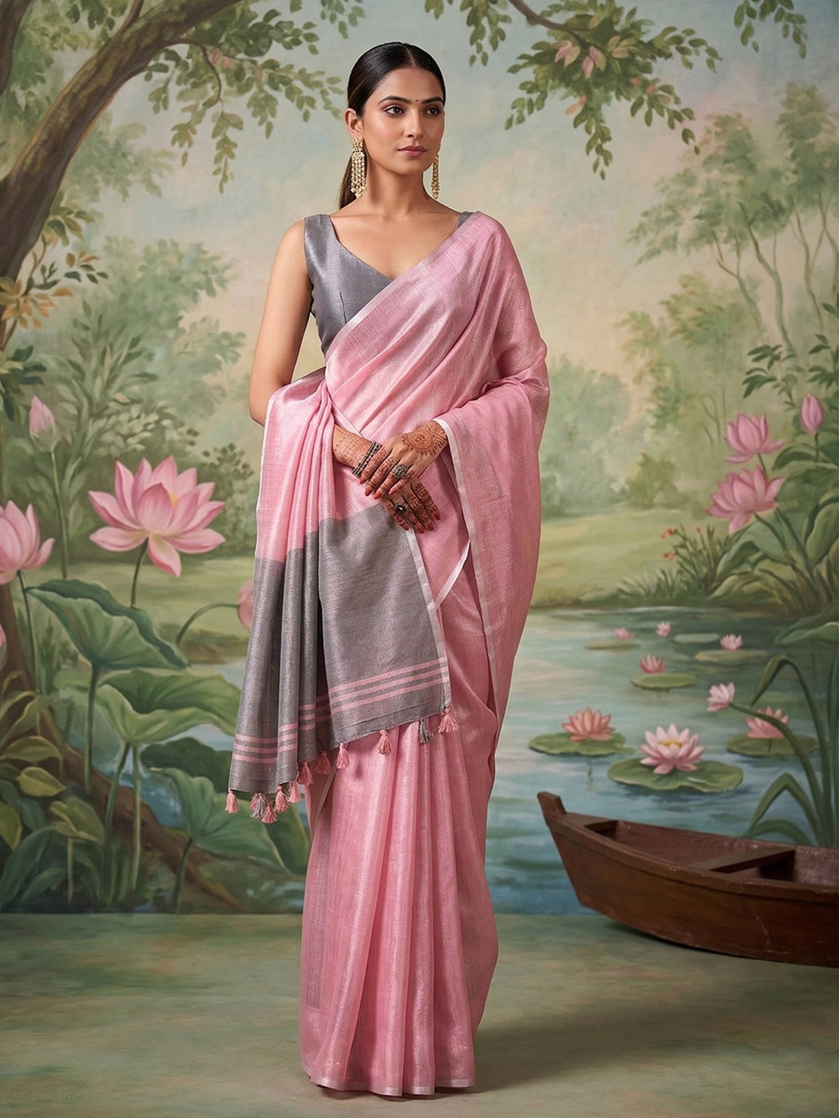 Blush pink silver zari saree