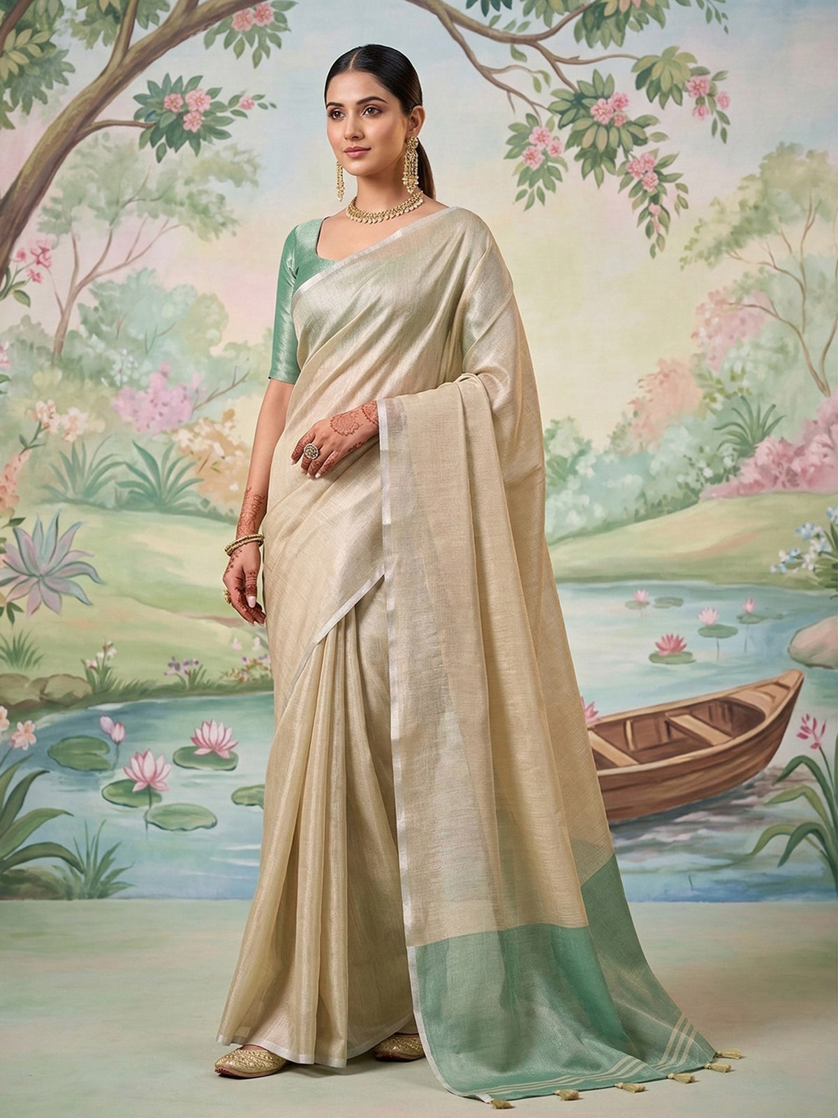 Champagne beige tissue silk woven saree