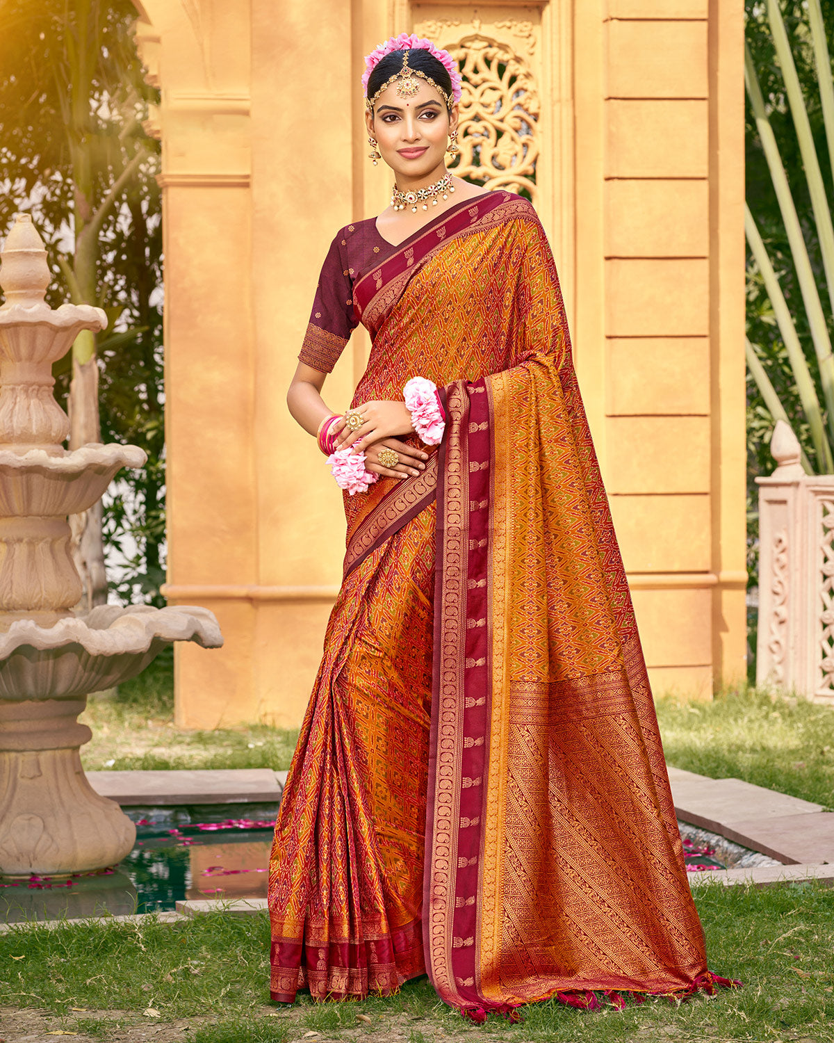 Golden mustard festive drape saree