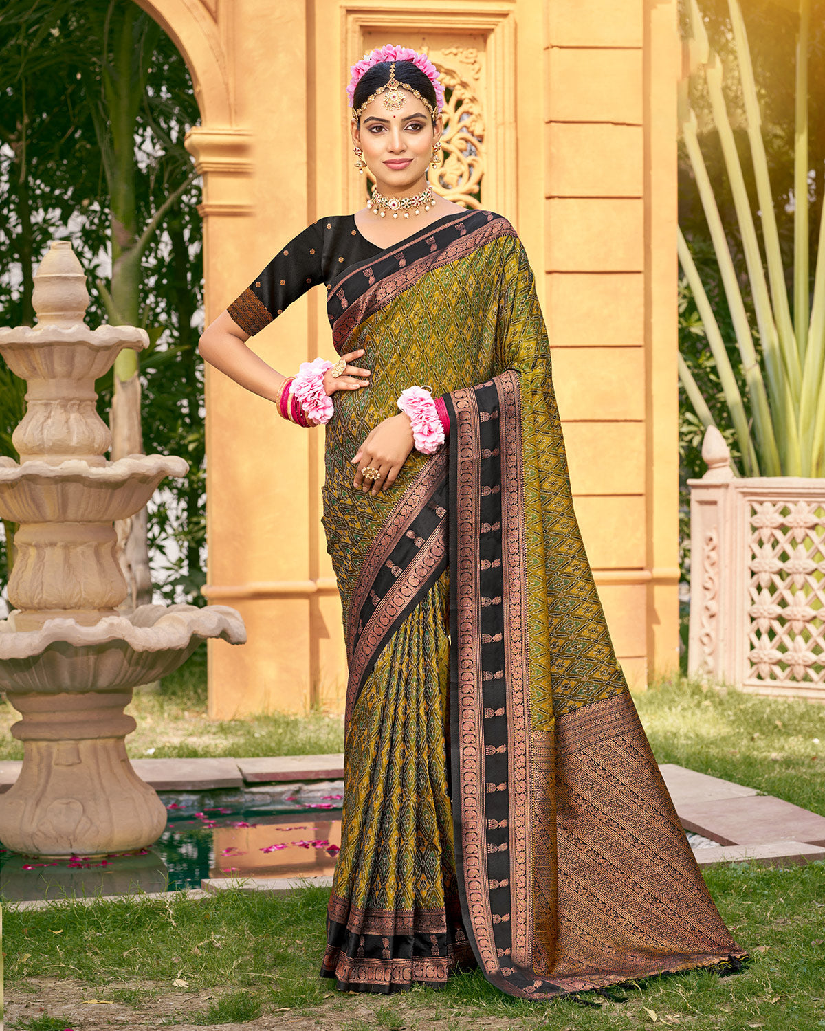 Fresh lime green woven saree