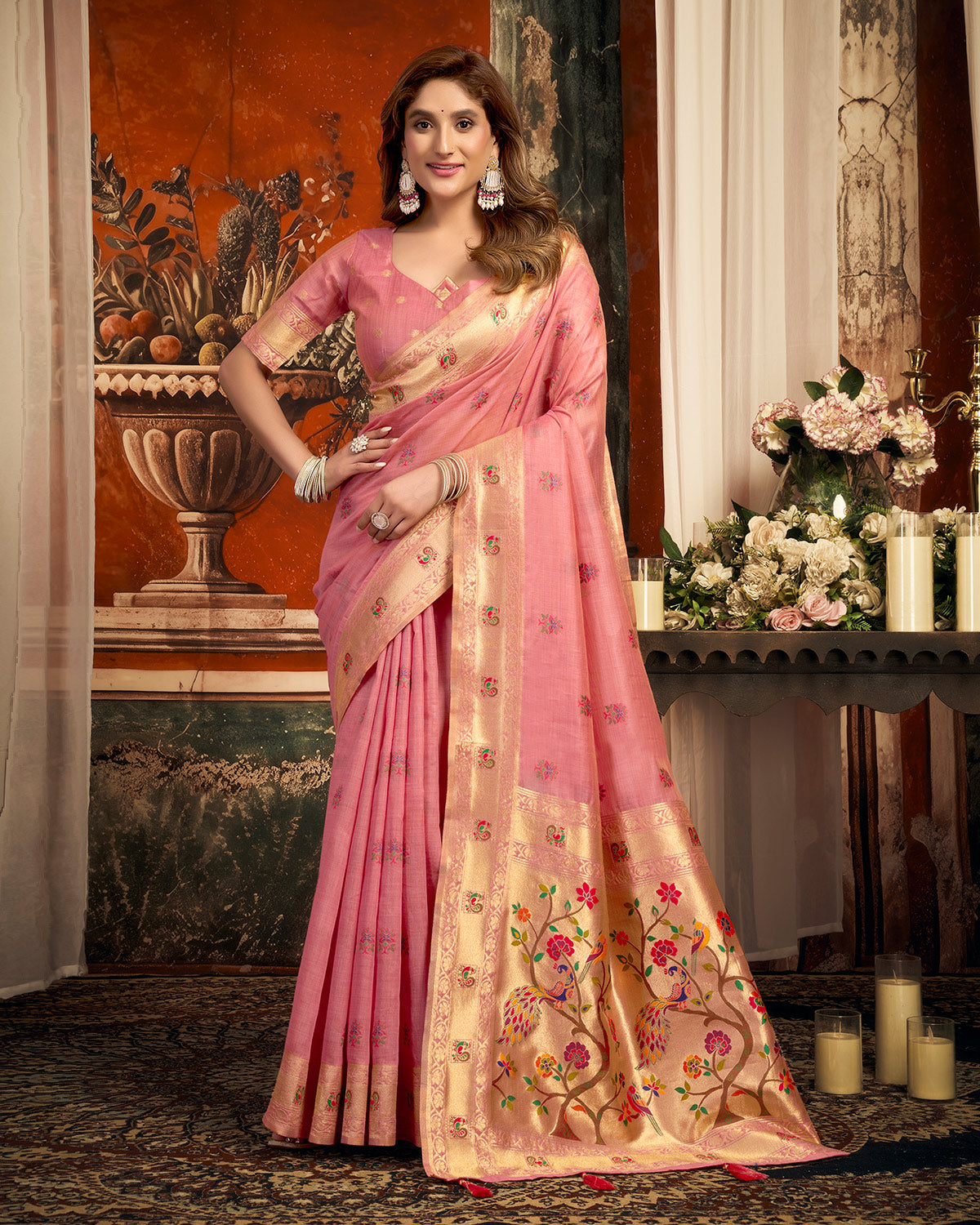 Rosy light pink festive saree