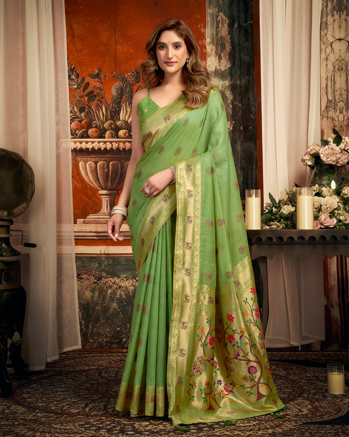 Alluring green festive woven saree