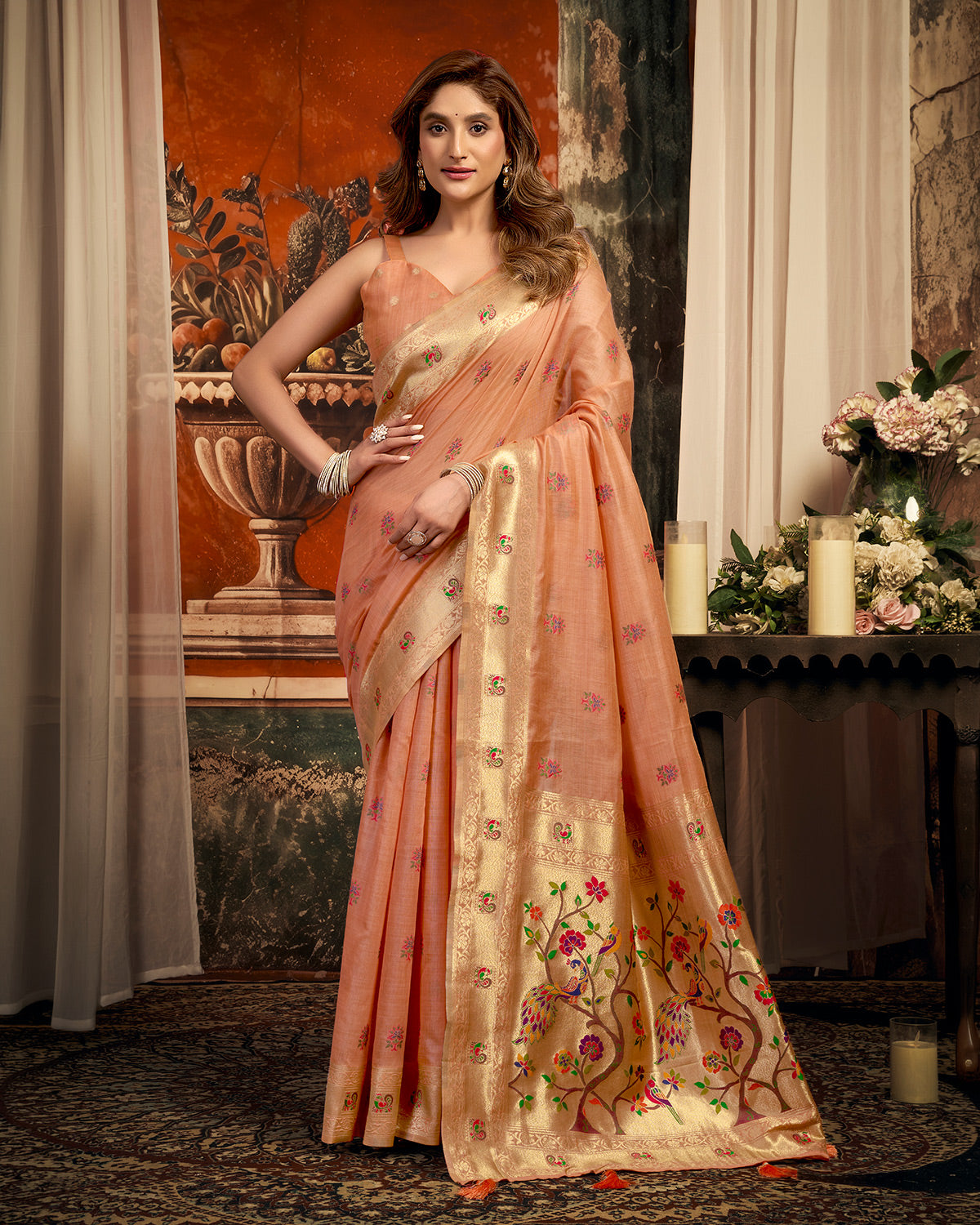 Blissful peach heritage silk saree