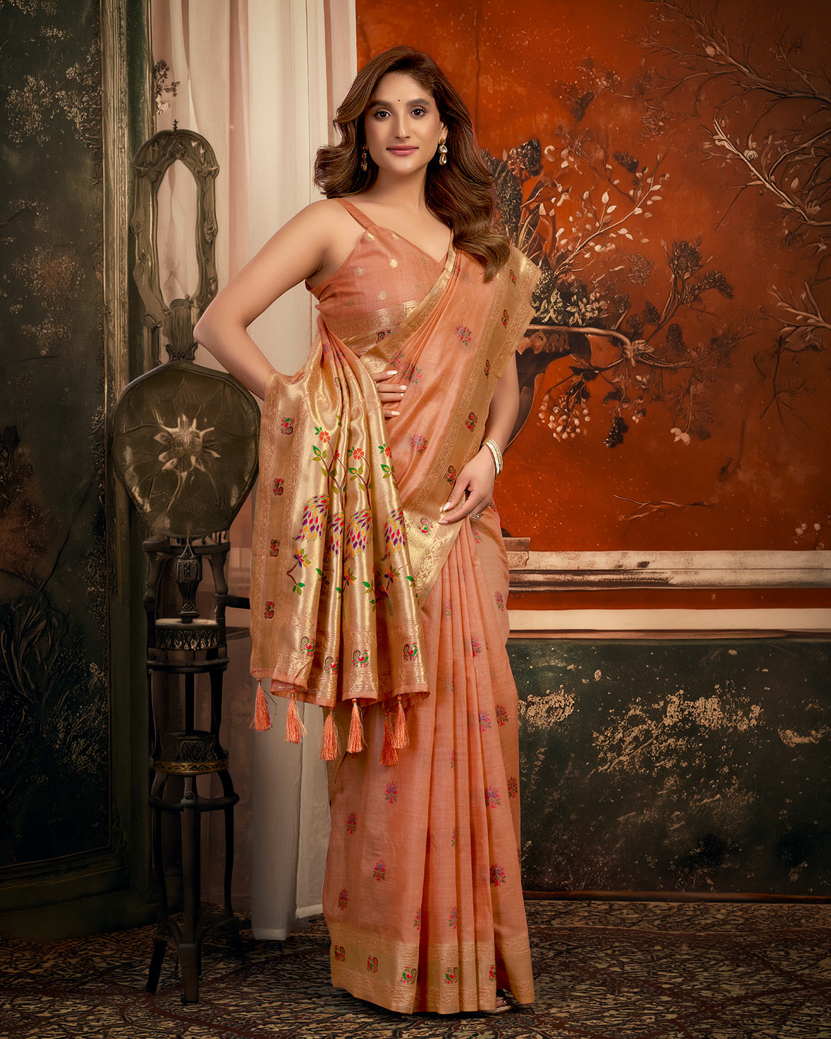 Blissful peach heritage silk saree