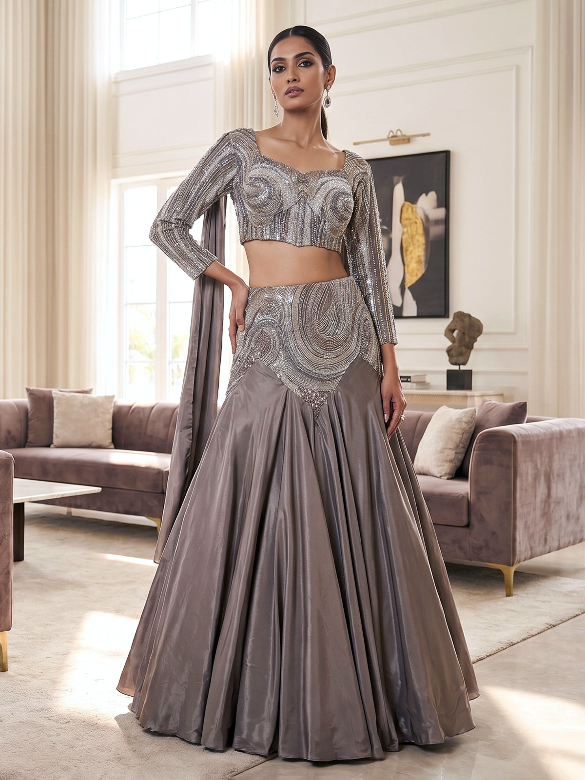 Taupe brown satin indo western lehenga choli