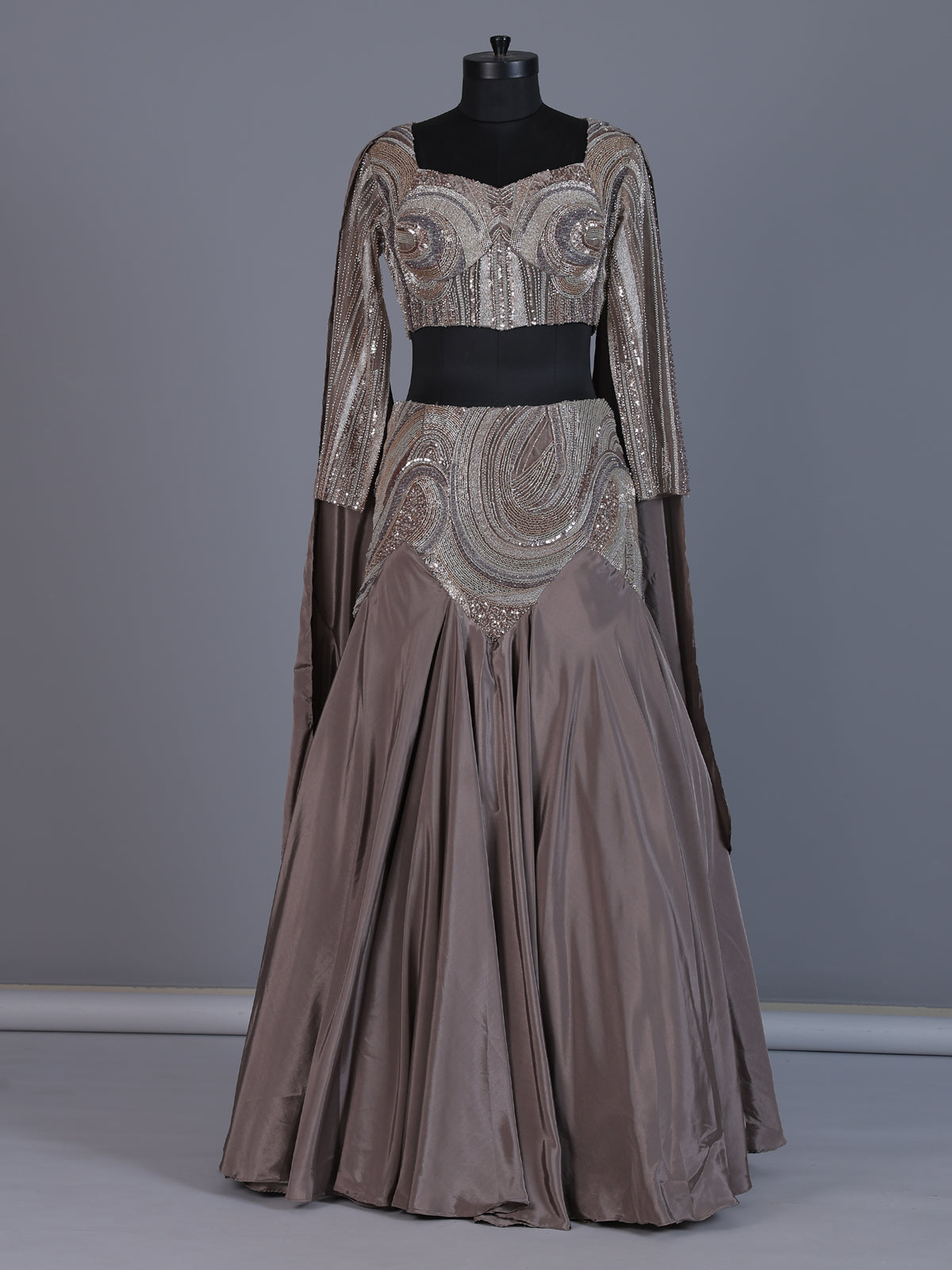 Taupe brown satin indo western lehenga choli