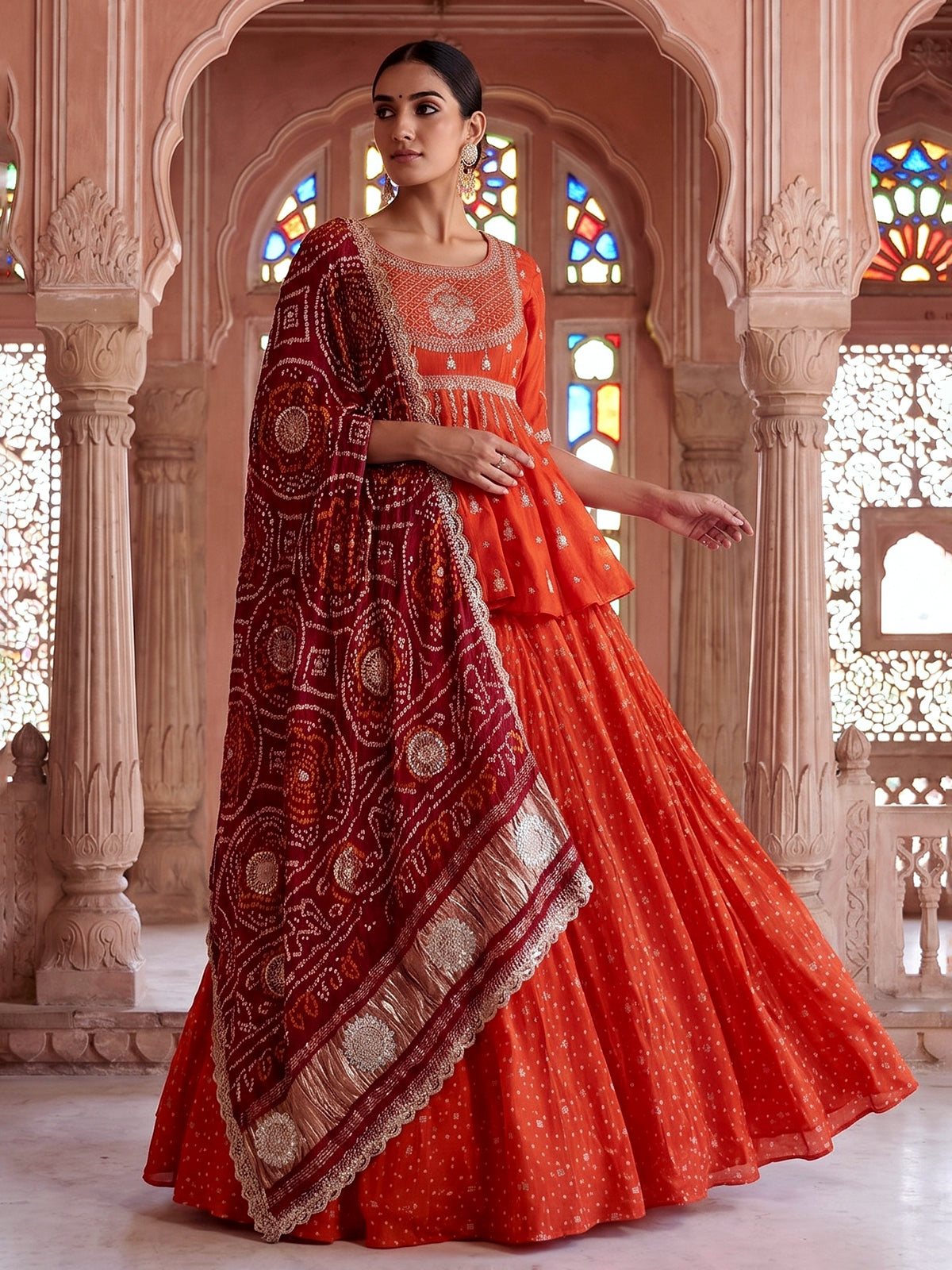 Rust orange printed silk wedding lehenga choli
