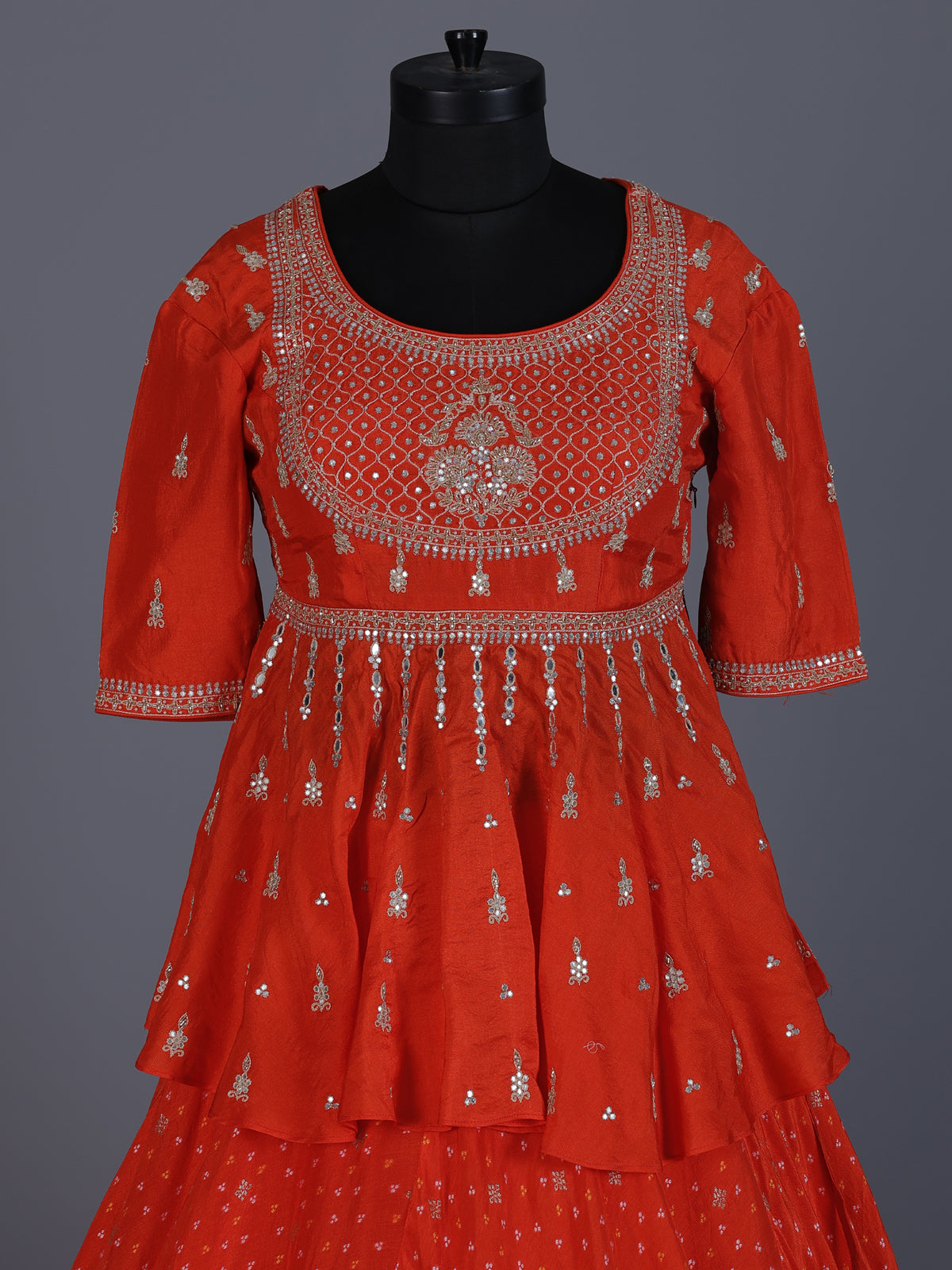 Rust orange printed silk wedding lehenga choli
