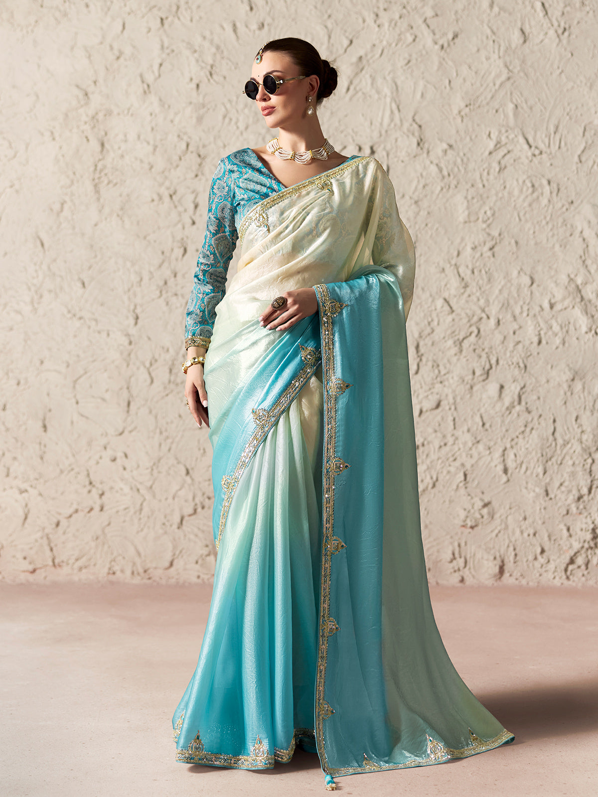 Royal light blue digital organza saree