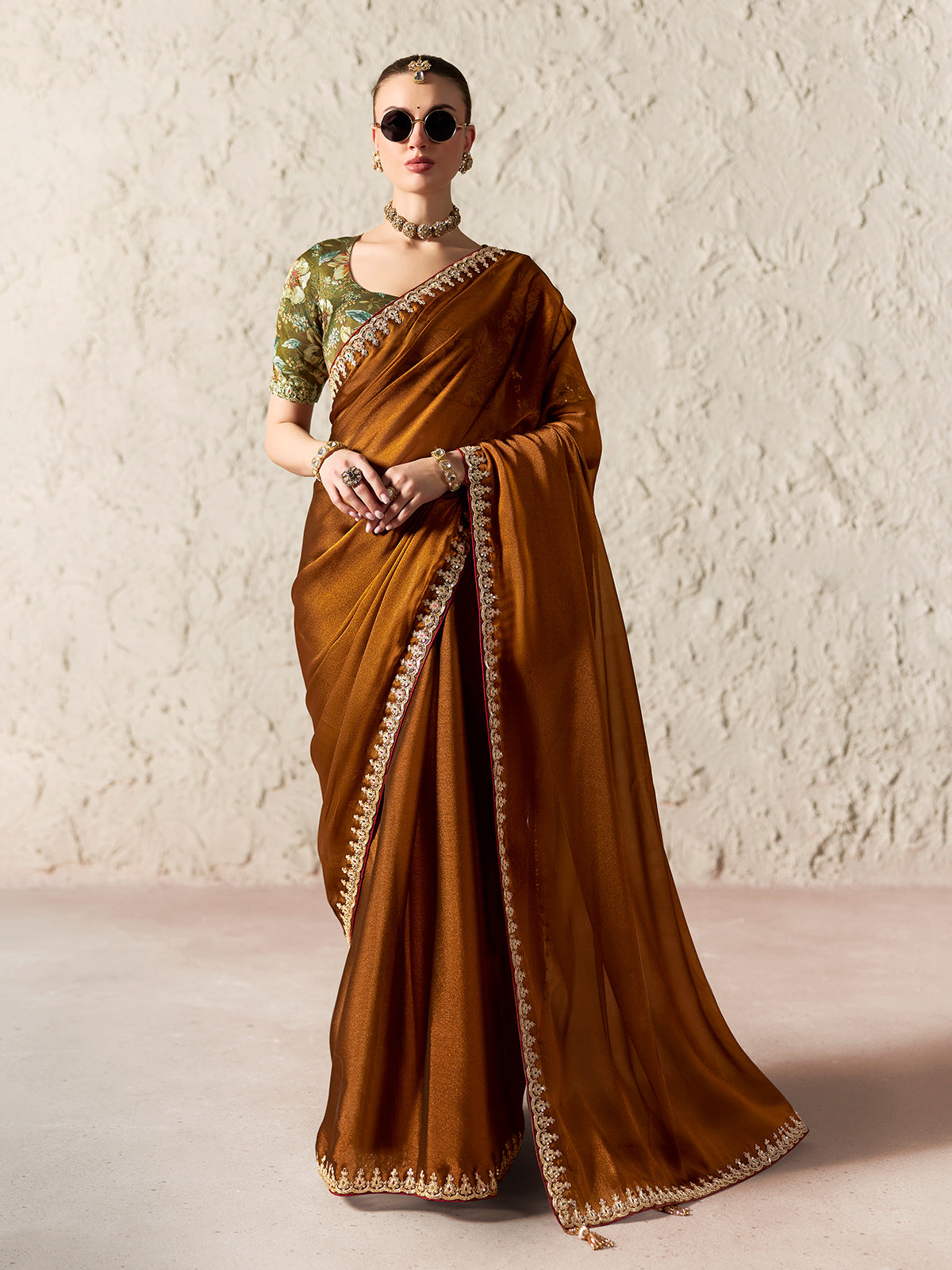 Grand brown artistic festive saree