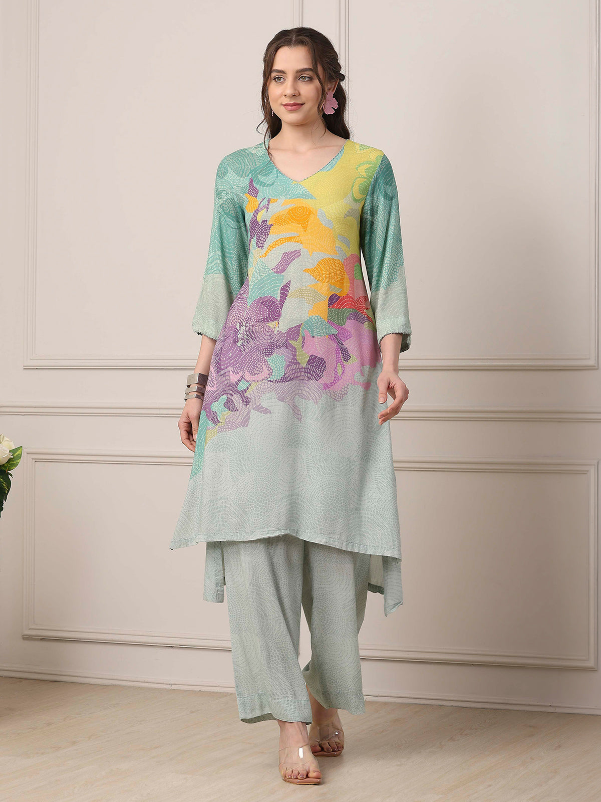 Green pastel floral printed high low kurti charm