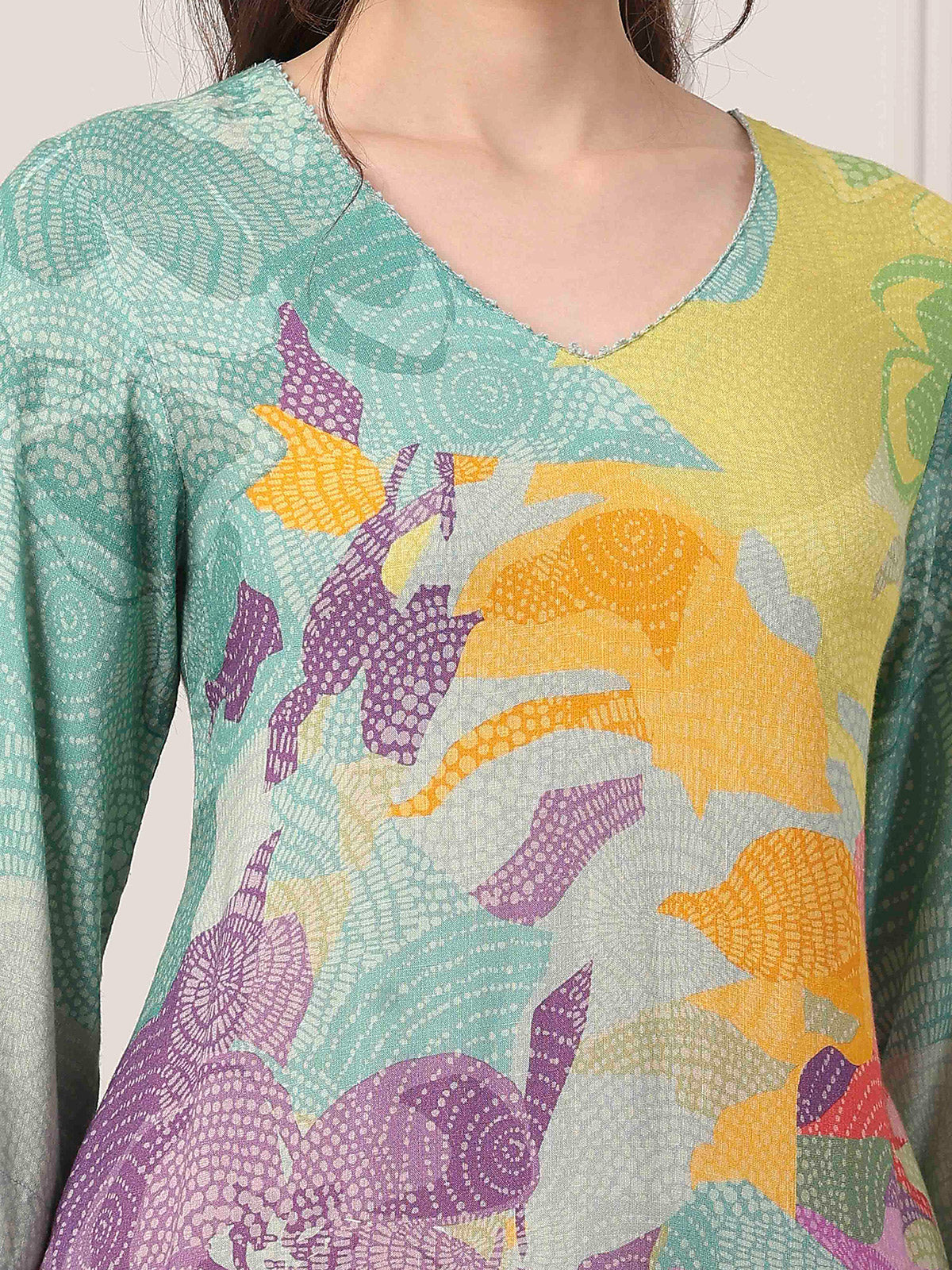 Green pastel floral printed high low kurti charm