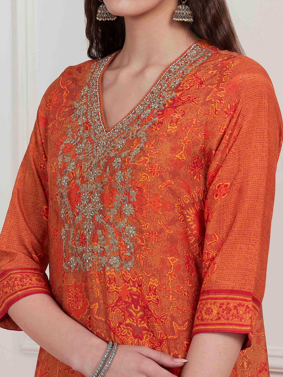 Orange rustic floral embellished graceful attire