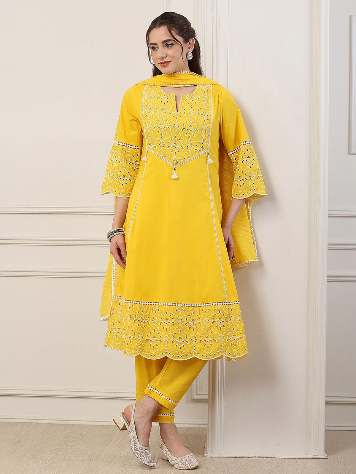 Yellow mirror embroidered bell sleeve delight