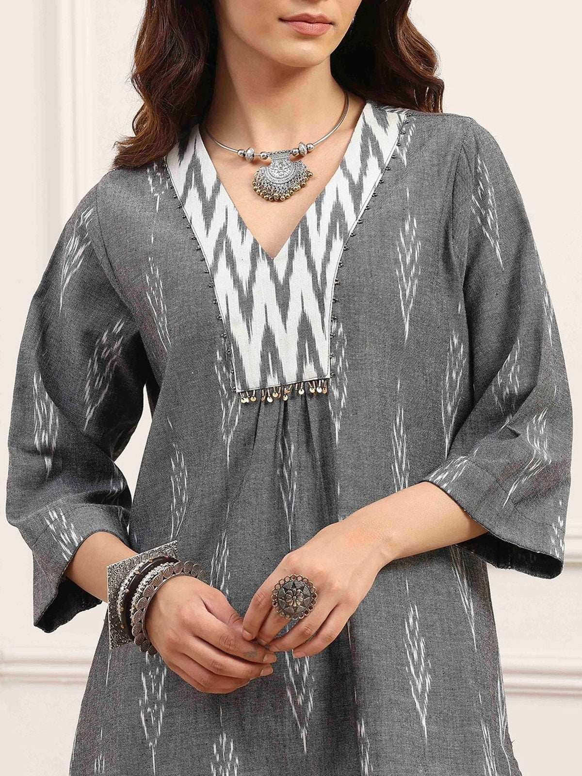 Grey printed embellished kurti with pocket charm with dupatta