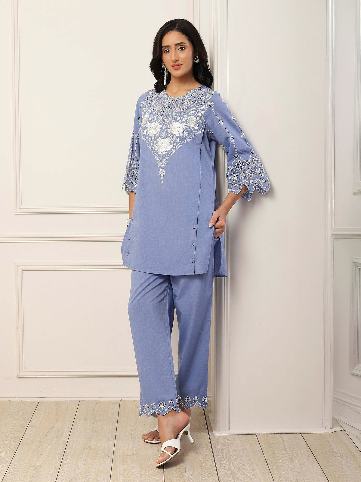 Lavender embroidered cotton contemporary kurti style